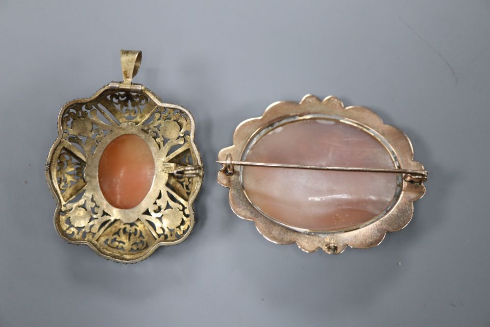 A 9ct mounted oval cameo shell, 4mm, gross 12 grams and one other gilt metal mounted cameo.